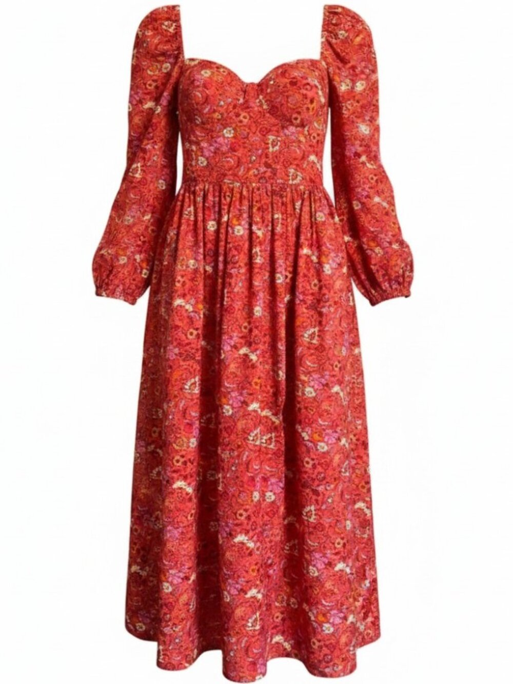 Bog Collective Romantic Long Sleeve Sweetheart Neckline Maxi Cinched Back Dress